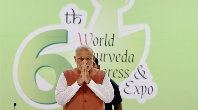 Prime Minister Narendra Modi at the valedictory function of the 6th World Ayurveda Congress in New Delhi on Sunday. (PTI Photo)