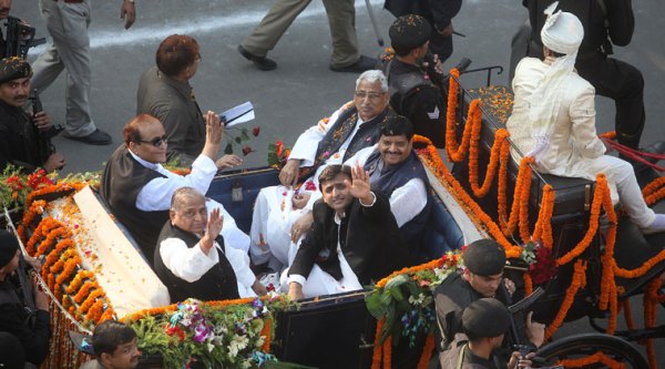 Samajwadi Party chief Mulayam Singh Yadav along with UP CM Akhilesh Yadav on a Bagghi in Rampur on Friday.  Azam Khan organised Mulayam's 76th Birthday Celebration in Rampur. (Source: Express photo by Vishal Srivastav)