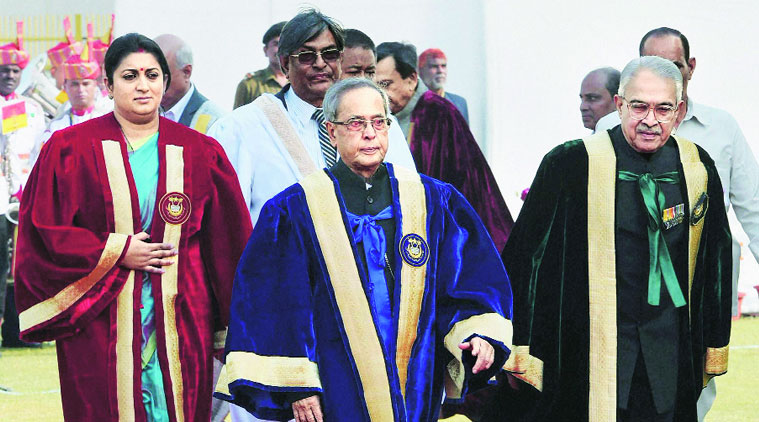 President Pranab Mukherjee with HRD Minister Smriti Irani at the Jamia Millia Islamia convocation in New Delhi on Monday. (Source: PTI)