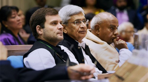 Congress Vice President Rahul Gandhi with CPI(M) General Secretary Prakash Karat and former PM H.D. Deve Gowda at the two-day long international conference to commemorate the 125th birth anniversary of Pt Jawaharlal Nehru. (Source: PTI photo)