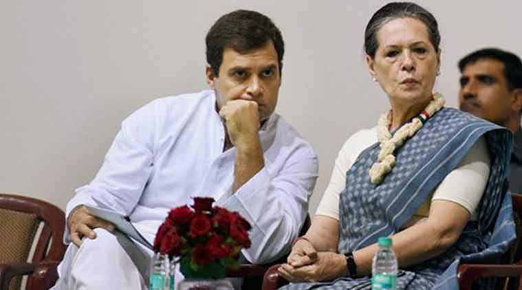 Congress President Sonia Gandhi with party Vice President Rahul Gandhi at the 125th Birth Anniversary Function of Pt Jawahar Lal Nehru at Talkatora Stadium in New Delhi on Thursday. (Source: PTI photo)