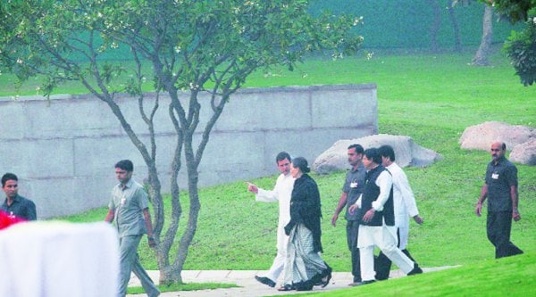 Congress president Sonia Gandhi and vice-president Rahul Gandhi at Shakti Sthal on Friday. 