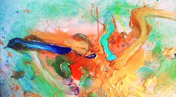 White spaces dominant her abstracts while gold, turquoise and greens play the significant other.