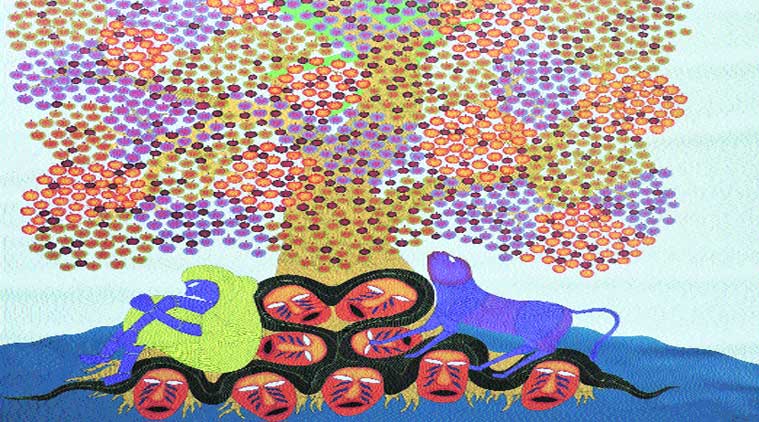 Bhajju Shyam’s works in progress for the JLF: fruit-laden tree (above) and Gond raja (right); (inset) Shyam.