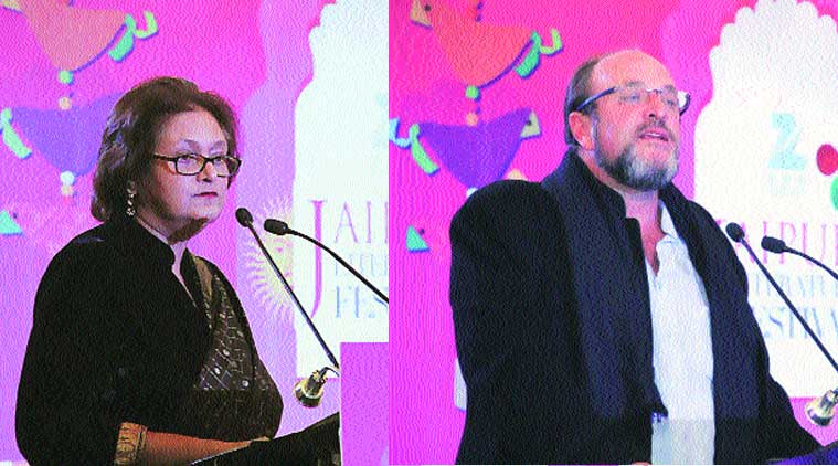 Festival co-directors William Dalrymple; Namita Gokhale; a Nagada performance at the Jaipur Literature Festival curtain-raiser in the city on Tuesday