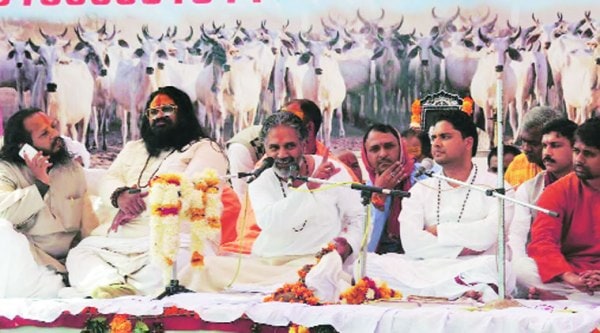 Seers and local leaders attend a rally against cow slaughter in Bhopal on Sunday.(Express)