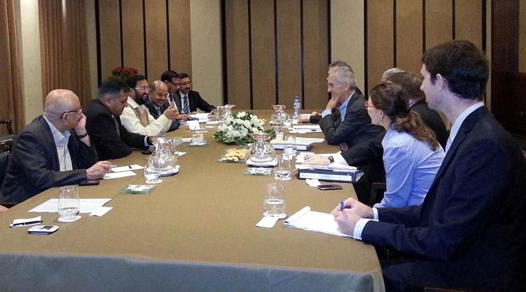 Environment Minister Prakash Javadekar in a meeting with a US delegation during the UN Conference on Climate Change in Lima, Peru on Sunday. (Source: PTI)