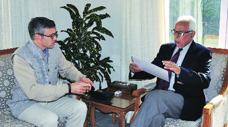 Omar submits his resignation to J&K Governor N N Vohra in Jammu on Wednesday. (Source: Express photo by Shuaib Masoodi)