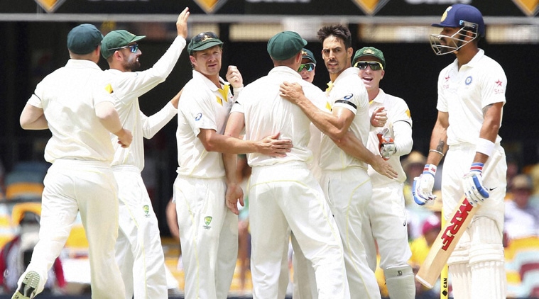 Johnson looks back at Kohli after dismissing the India vice-captain on Day Four of the second Test. Johnson took four wickets for 61. (Source: AP)
