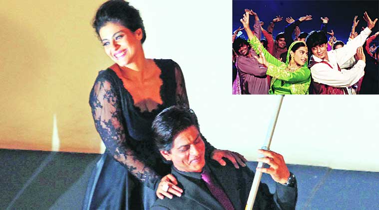 Kajol and Shah Rukh Khan at Maratha Mandir, where they enacted popular scenes from DDLJ; the actors in the Mehndi laga ke rakhna song (Source: Express photo by Vasant Prabhu)