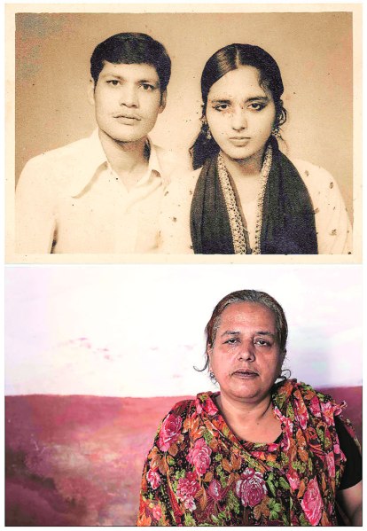Lost: Husband Zubeida Bi with her husband Salim Rehman (top, a gas tragedy victim) in an undated photo and alone in Bhopal on November 11, 2014