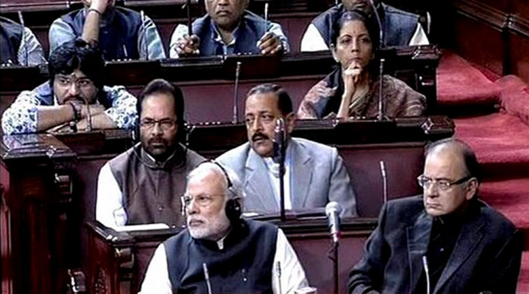 Prime Minister Narendra Modi, Finance Minister Arun Jaitley in the Rajya Sabha in New Delhi on Thursday. (Source: PTI Photo/TV Grab)