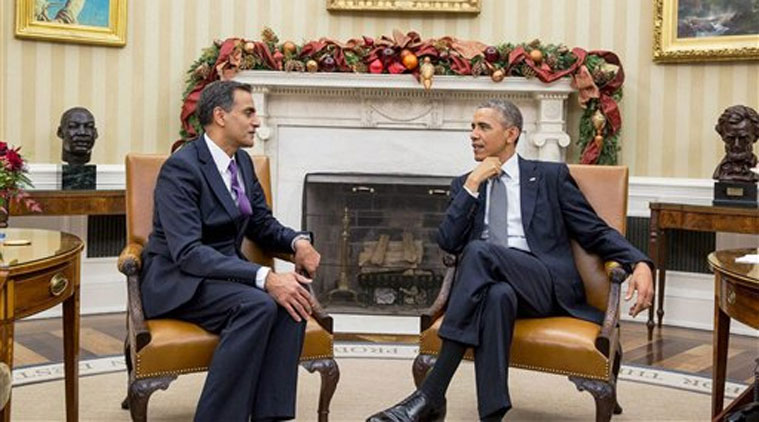 Washington: US President Barack Obama with US Ambassador to India-designate Richard Rahul Verma at the Oval Office of the White House in Washington on Thursday. (Source: PTI )