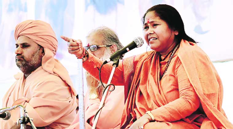 Union MoS Sadhvi Niranjan Jyoti speaks at Virat Bhakti Vedant Sant Pravachan, in Gandhinagar on Sunday. Jyoti had stirred a controversy recently with her “Ramzada versus haramzada” remark.  (Source: Express photo by Javed Raja)