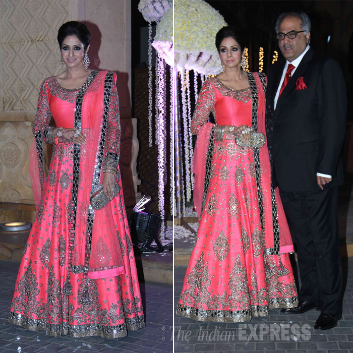 Sridevi picked a stunning anarkali by Manish Malhotra while husband Boney Kapoor suited up for the occasion. (Source: Varinder Chawla)