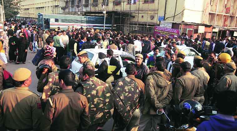 Security at Tis Hazari court where Uber rape accused Shiv Kumar Yadav was produced on Thursday. (Source: Express photo by Amit Mehra)
