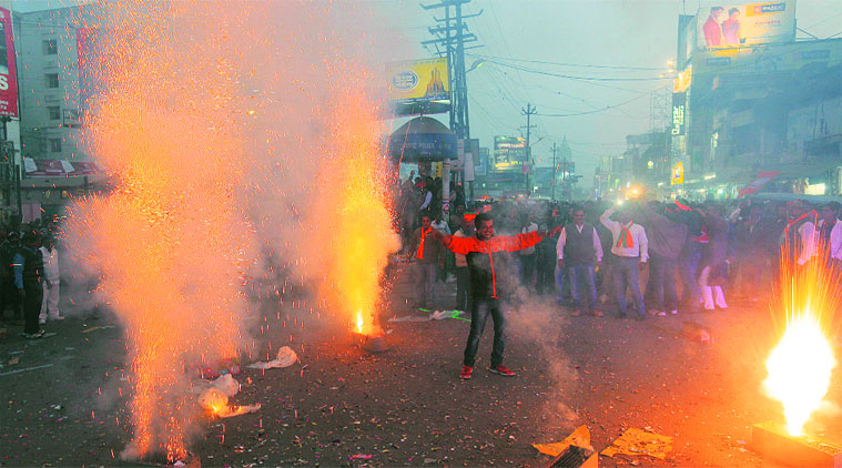 BJP supporters celebrate at Albert Ekka Chowk in Ranchi after the results on Tuesday. (Source photo by Partha Paul)