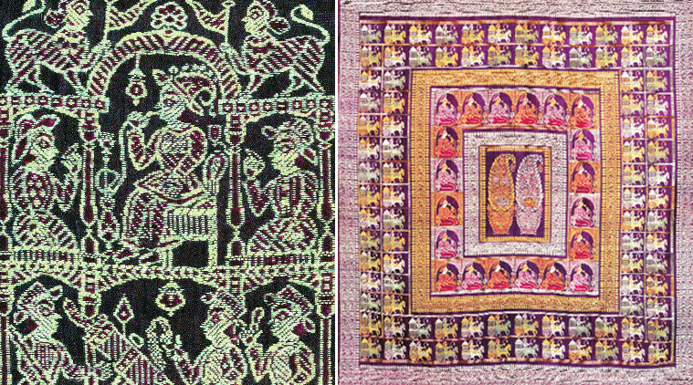 Nawab and cannoneers (left); Baluchar sari woven with images of horse-drawn carriages and noblemen smoking hookahs.