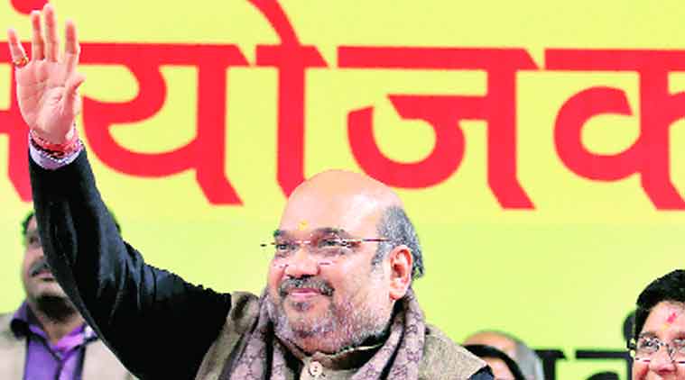 Amit Shah at the booth workers’ meeting.(Source: Express Photo by Ravi Kanojia)