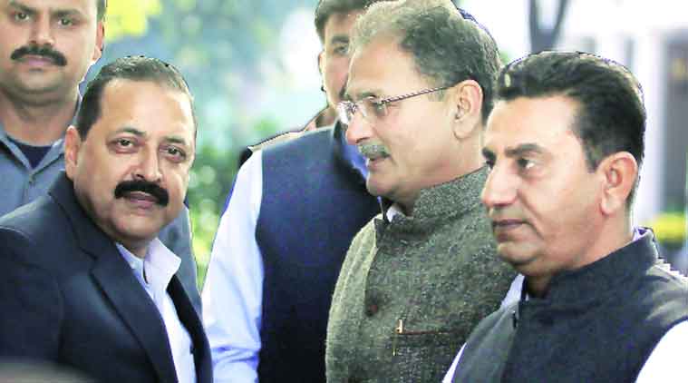 MoS Jintendra Singh and other BJP leaders in New Delhi on Monday.(Express photo by Prem nath Pandey)