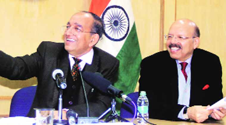 Chief Election Commissioner V S Sampath (left) announces Delhi Assembly polls for February 7. (Source: Express Photo by Prem Nath Pandey)