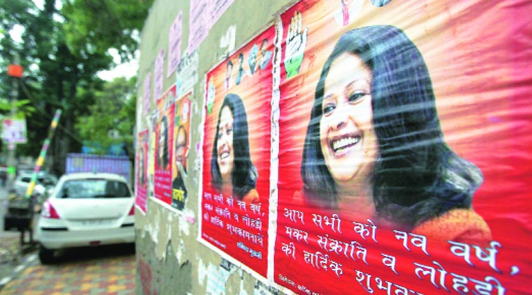 Sharmishtha Mukherjee’s posters in CR Park.( Source: Express Photo By Tashi Tobgyal)