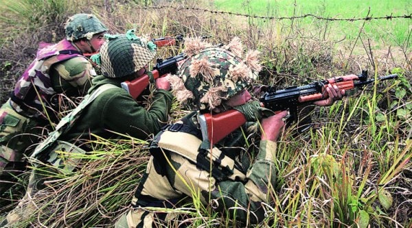 Border Security Force personnel keep vigil at Samba sector on Wednesday. (Mukesh Gupta)