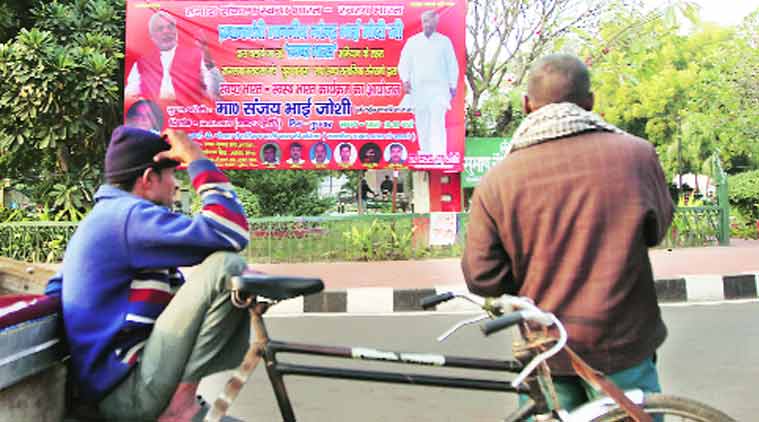 The ‘controversial’ hoarding at Subhash crossing. (Source: Express Photo by Vishal Srivastav)