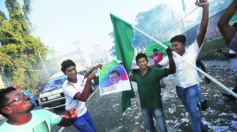 Maithripala Sirisena’s supporters celebrate after results were declared in Colombo, Friday. (Source: Reuters photo)