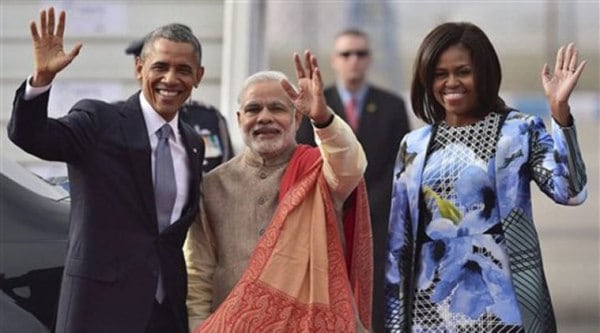 Prime Minister Narendra Modi with visiting US President Barack Obama and first lady Michelle Obama wave upon for the cameras. (Source: AP photo) 