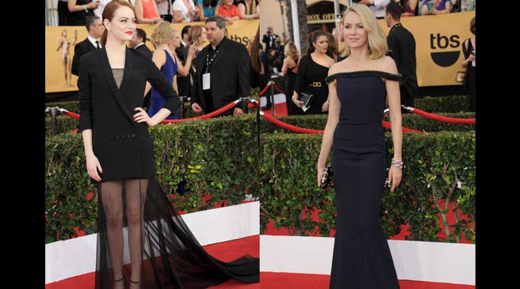 Naomi Watts trips on Emma Stone’s skirt at Screen Guild Awards ...