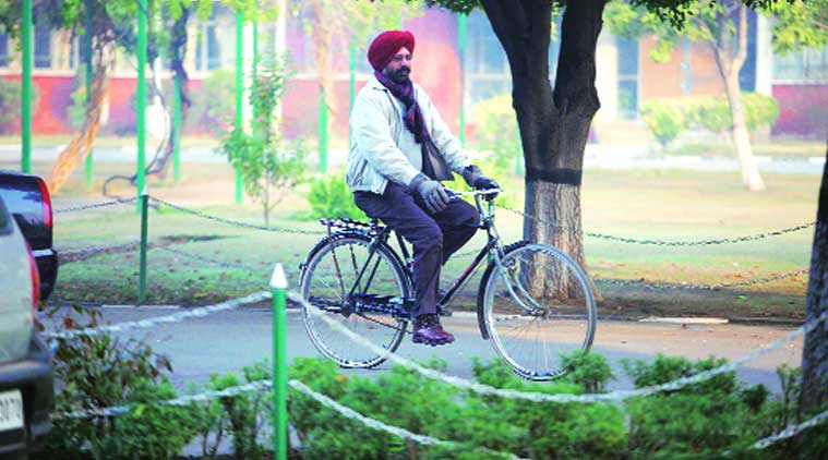 Estate officer Jaskaran Mahal on cycle at PAU on Thursday.