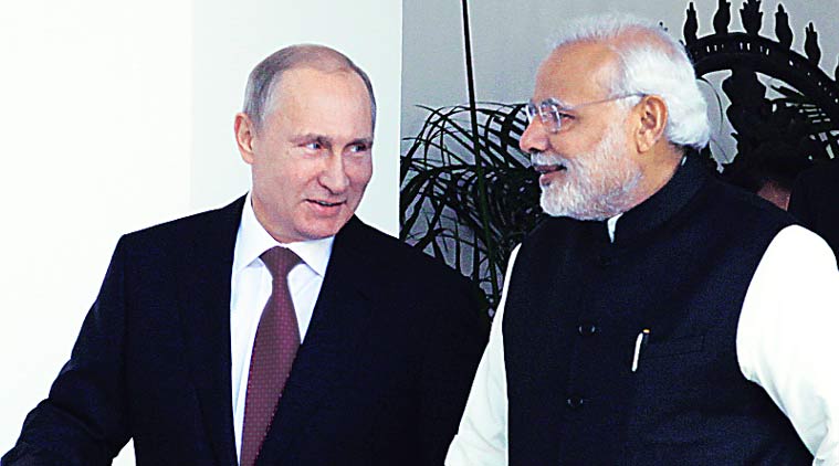Modi with Putin last month. India has maintained that Russia has legitimate interests in Ukraine, hasn’t condemned Moscow.(Source; Express Archive)