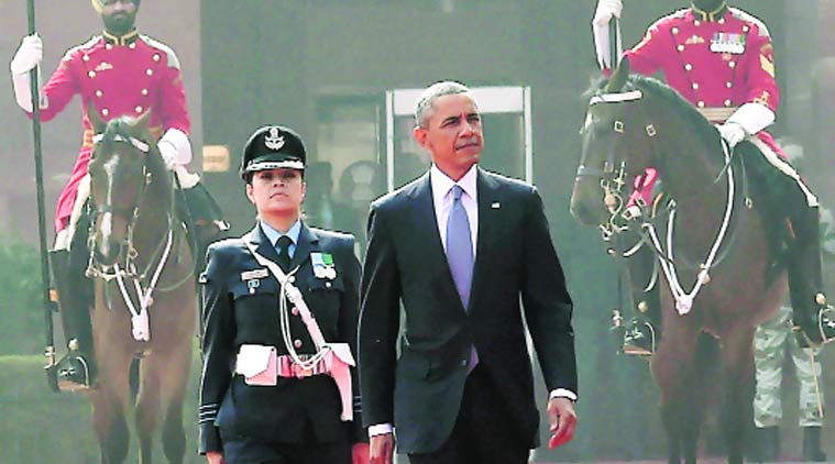 Wing Cdr Puja Thakur with Obama at the guard of honour. (Source: Express Photo by Renuka Puri)