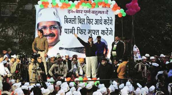 Kejriwal at a public meeting in Jungpura on Monday. (Source: Express photo by Amit Mehra)