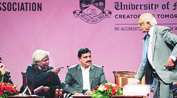 Speakers during a session on public outreach at the Indian Science Congress on Saturday. (Express photo by Prashant Nadkar)