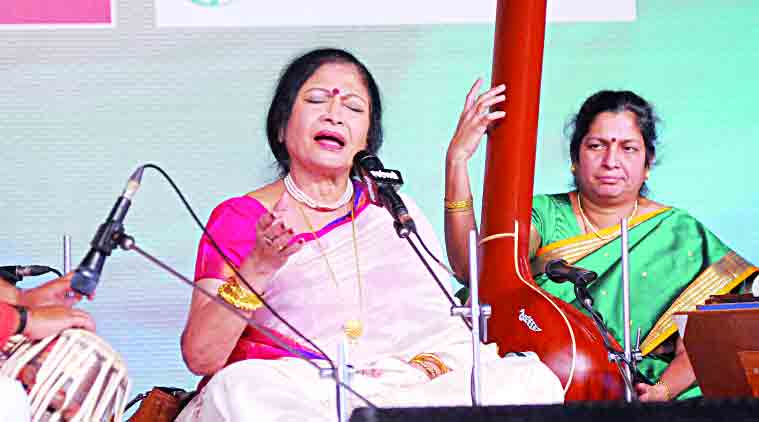 Sumitra Guha (in white sari) during her performance at Sawai Gandharva Bhimsen Mahotsav.