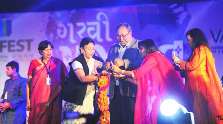 Tourism minister Saurabh Patel at Vadfest’s pre-opening ‘Garvi Gujarat’ event. (Source: Express photo by Bhupendra Rana)