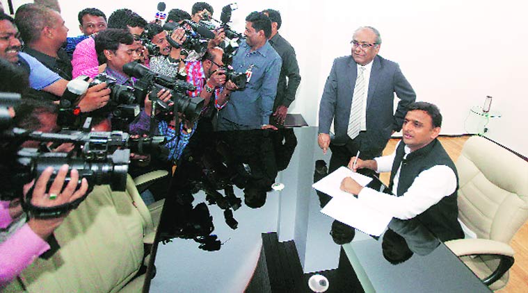 Chief Minister Akhilesh Yadav signs the budget papers at Vidhan Sabha, in Lucknow on Monday. Akhilesh, who also holds the finance portfolio, will present the Rs 3.5-lakh crore Annual Budget 2015-16 for UP on Tuesday. (Source: Express Photo by Vishal Srivastav)