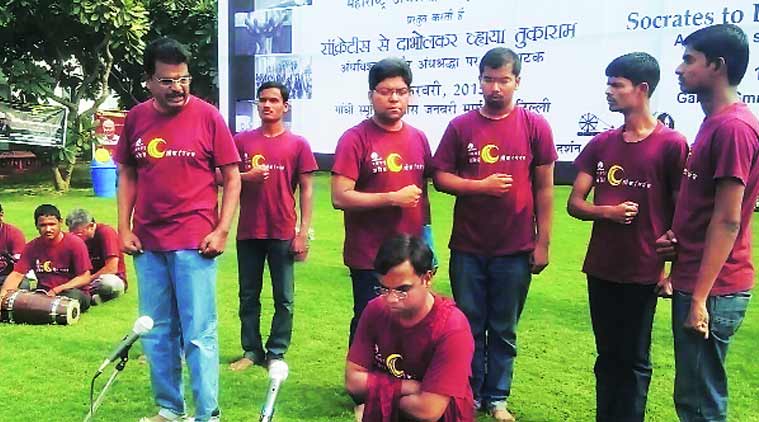 Artistes during a show in Delhi. After CPI leader Govind Pansare was shot at on February 16, the group tweaked the script of the play to condemn the attack. (Source: Express Photo