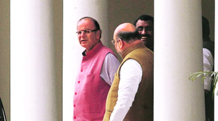 Arun Jaitley, BJP chief Amit Shah and party general secretary Ram Madhav after a meeting in New Delhi on Friday. (Source: IE photo by Anil Sharma)