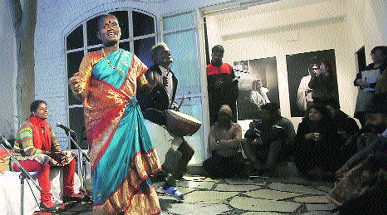 Lakshmi R with disciple Antony Janagi during her performance at Khoj Studios. (Source: Express Photo by Amit Mehra)