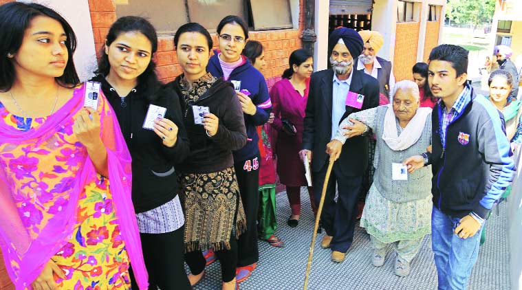 During the polling which started at 8 am across 50 wards and in 118 polling booths in Mohali on Sunday. (Source: Express Photo by Jasbir Malhi)
