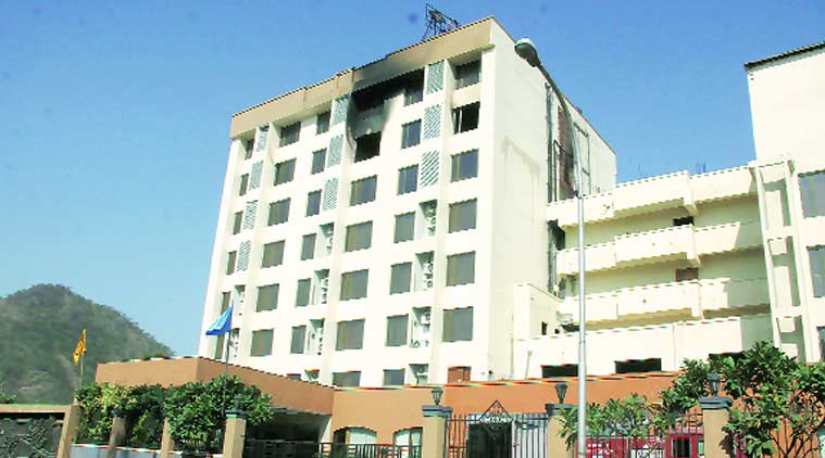 The fire broke out around 3 am on the sixth floor of Cambay Sapphire hotel on Friday. (Source: Express photo byRakesh Kumar)