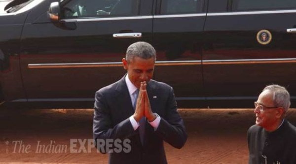 US president Barack Obama with President Pranab Mukherjee at the ceremonial welcome at the Rashtrapati bhawan in New Delhi on January 25, 2015. (Express Photo by Neeraj Priyadarshi)