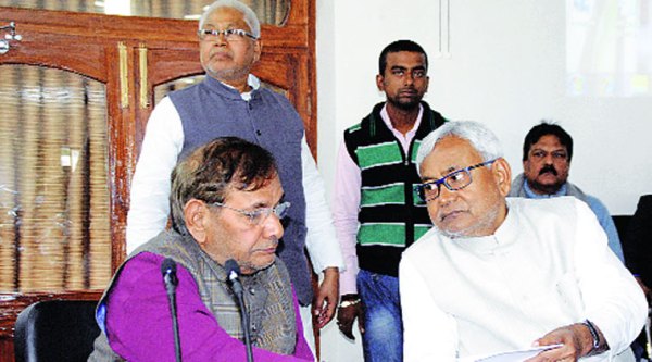 Sharad Yadav and Nitish Kumar, in Patna Wednesday.