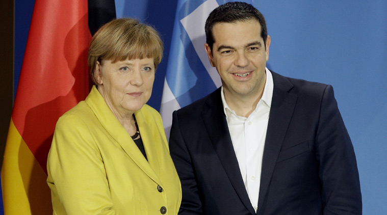 German Chancellor Angela Merkel, and the Prime Minister of Greece, Alexis Tsipras, after a press conference as part of a meeting at the chancellery in Berlin.