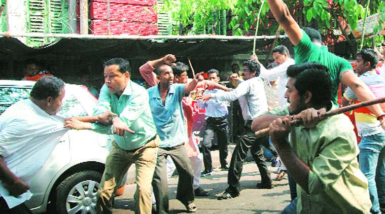 BJP supporters clash over distribution of tickets for civic polls in front of  party office, in Kolkata on Wednesday. (Source: Express photo)