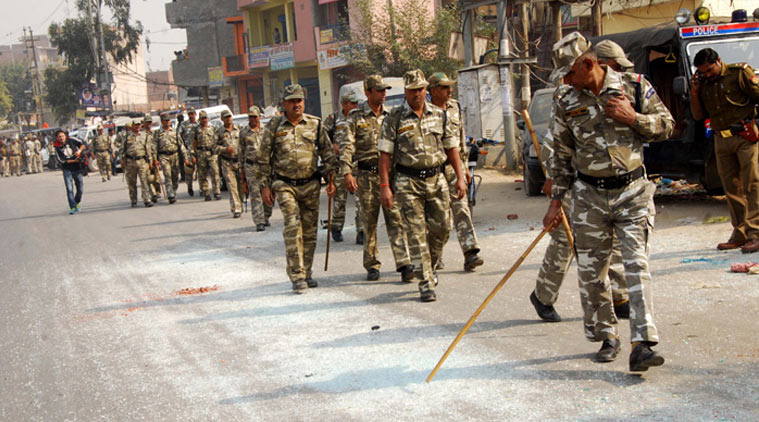 CRPF personnel seen patrolling the area. (Source: Express Photo by Gajendra yadav)