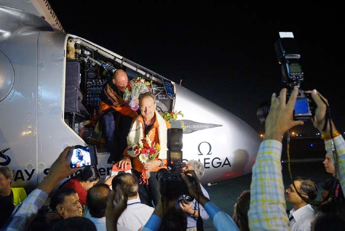 Solar Impulse, Solar Impulse 2, a solar-powered airplane, Bertrant Piccard, Switzerland, Ahmedabad, India, round-the-world journey, Muscat, Oman, Andre Boschberg, aviation, solar impulse plane, solar impulse 2 aircraft, solar impulse 2 speed, science, Nation, India News, National News